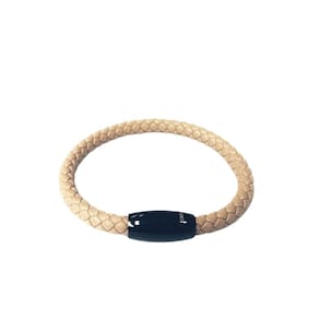 Bracelete Rosso 20Cm Couro Trançado Bege Fecho Oval Preto