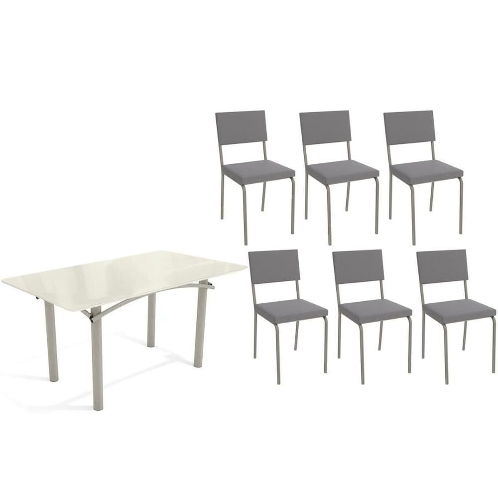 Sala de Jantar Completa Elba Tampo Madeirado c/ Vidro 160cm e 6 Cadeiras Zaria Niquel/Off White - Suede Cinza - Kappesberg