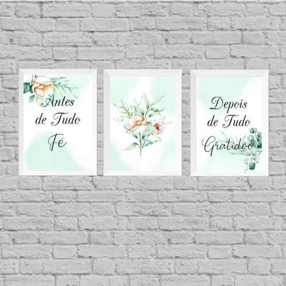 Kit 3 Quadros Fé E Gratidão Floral Suave 45X34Cm
