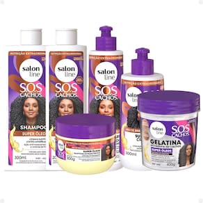 Kit Salon Line SOS Cachos Super Óleos: Shampoo 300ml e Condicionador 200ml + Creme Para Pentear 300ml, Ativador de Cachos 300ml, Máscara de Tratamento