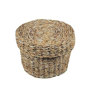 Cesto Fibra Natural Redondo com Tampa Seagrass Trançado Carajas 32cm - Jolitex