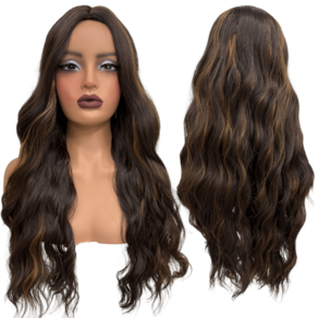 Peruca castanho claro F6/27 com mechas luzes ondulada 65cm