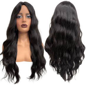 Peruca preto natural 2 ondulada comprida longa meio silk top