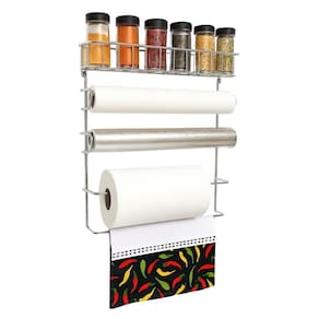 Conjunto Porta Papel Toalha 5 em 1 Cromado com 6 Potes para Tempero Vidro Tampa Black