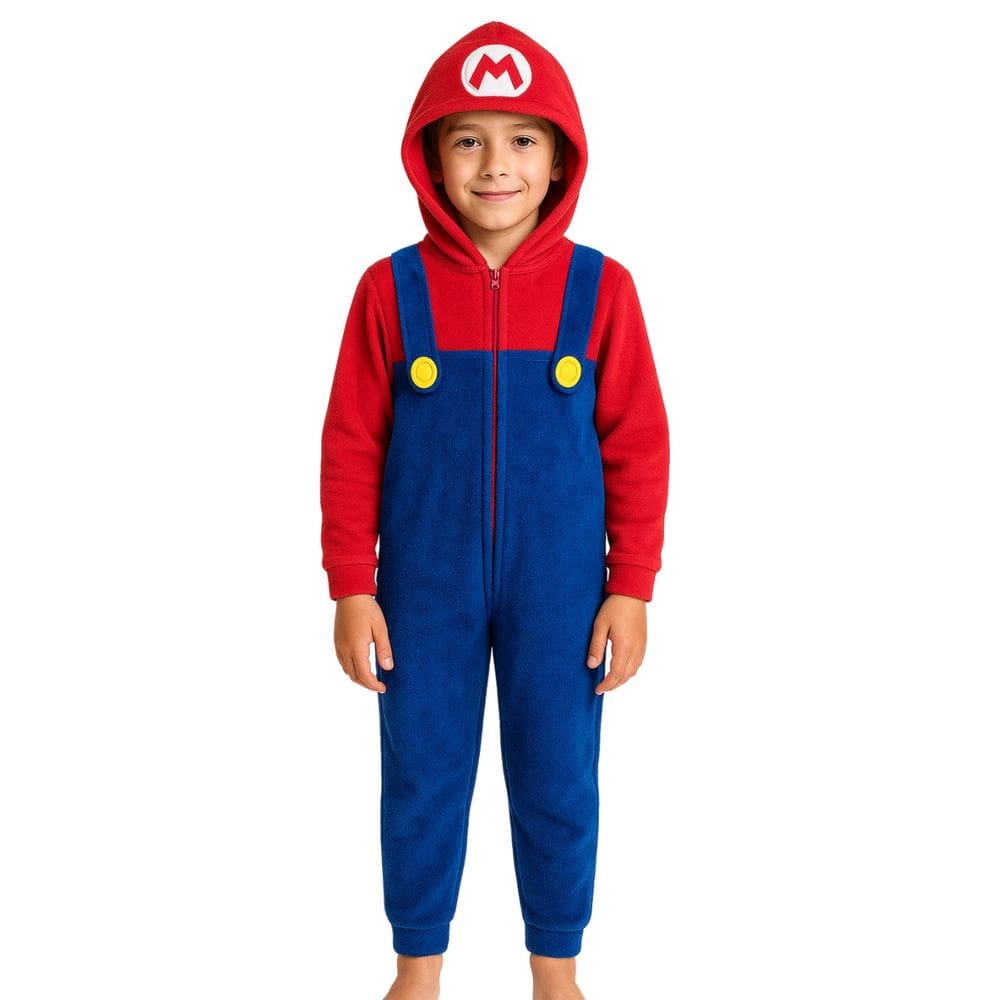 Pijama Macacão Infantil Mario Fantasia Azul Soft Fleece Game