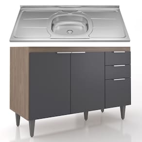 Balcão de Cozinha Com Pia Inox 120cm Pérola Z34 Freijó/Grafite - Mpozenato