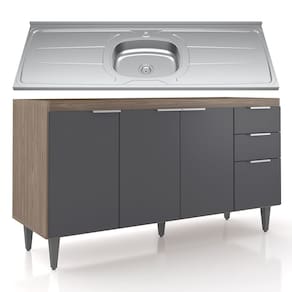 Balcão de Cozinha Com Pia Inox 150cm Pérola Z34 Freijó/Grafite - Mpozenato