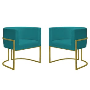2 Poltronas Nayara Base Ferro Dourado Suede Azul Tifany