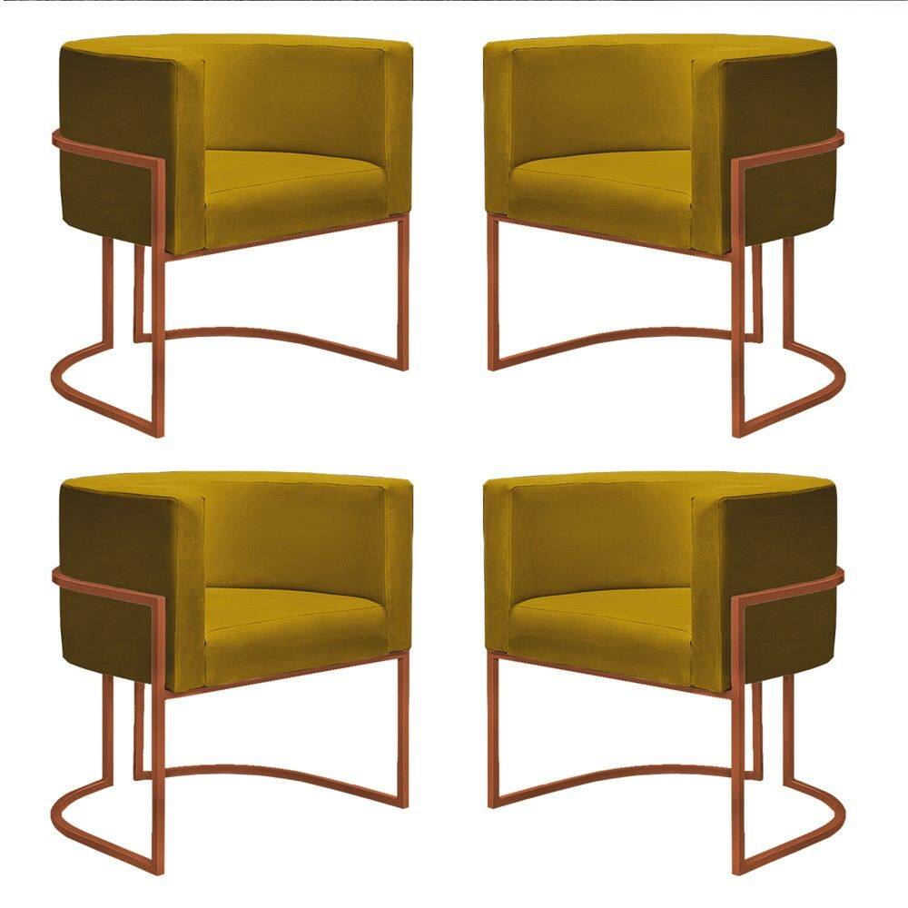 Kit 4 Poltronas Reforçadas Decorativa Sala Nayara Base Ferro Bronze Suede Amarelo
