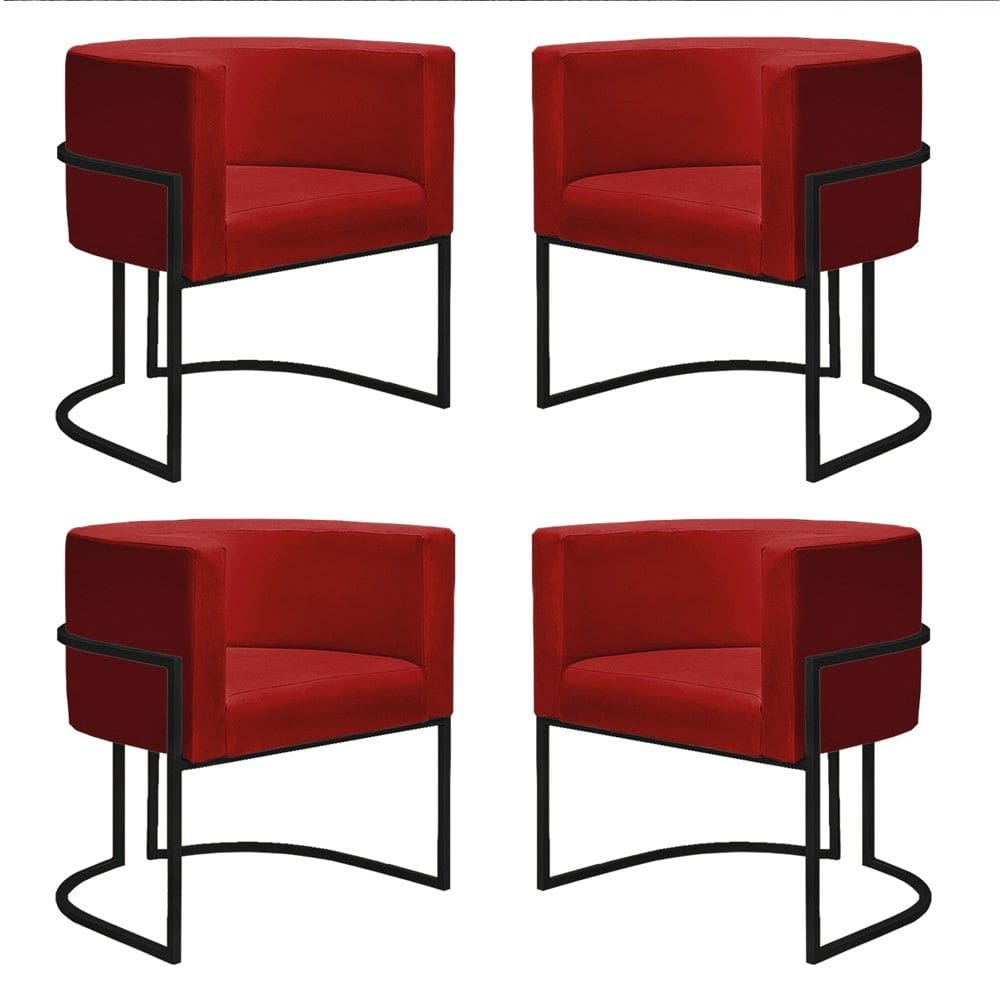 Kit 4 Poltronas Reforçadas Decorativa Sala Nayara Base Ferro Preto Suede Vermelho