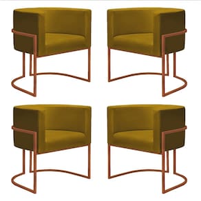Kit 4 Poltronas Reforçadas Decorativa Sala Nayara Base Ferro Bronze Suede Mostarda