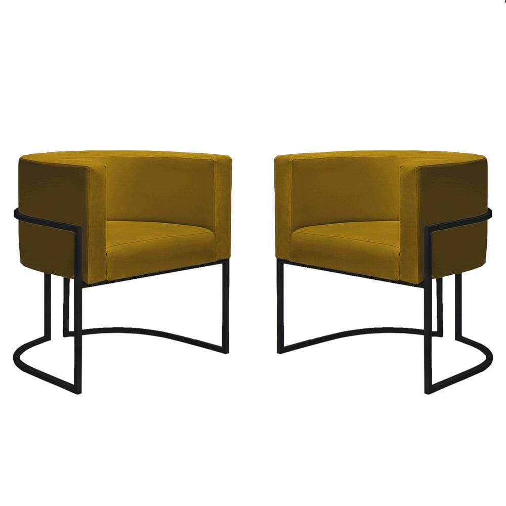 Kit 2 Poltronas Reforçadas Decorativa Sala Nayara Base Ferro Preto Suede Mostarda