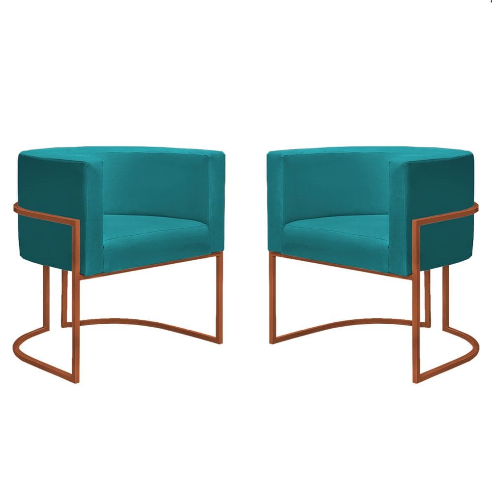 Kit 2 Poltronas Reforçadas Decorativa Sala Nayara Base Ferro Bronze Suede Azul Tifany