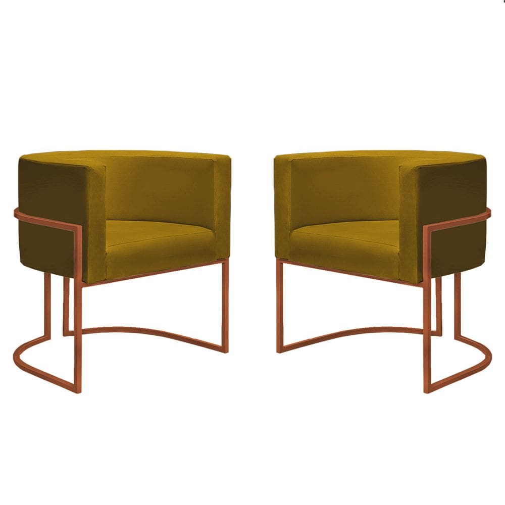 Kit 2 Poltronas Reforçadas Decorativa Sala Nayara Base Ferro Bronze Suede Mostarda