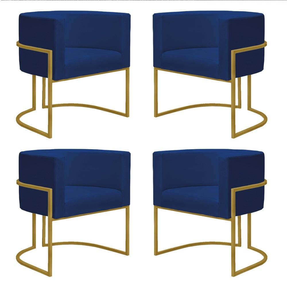 Kit 4 Poltronas Reforçadas Decorativa Sala Nayara Base Ferro Dourado Suede Azul Marinho