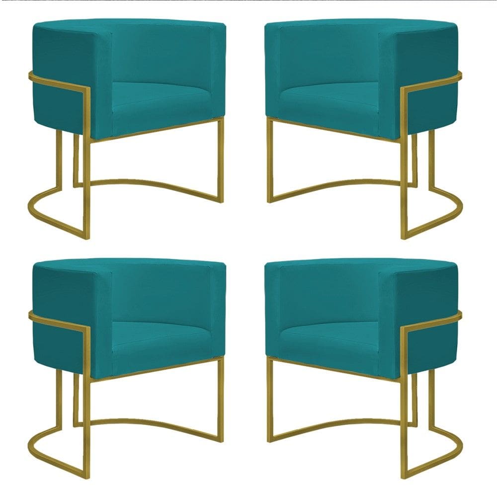 Kit 4 Poltronas Reforçadas Decorativa Sala Nayara Base Ferro Dourado Suede Azul Tifany