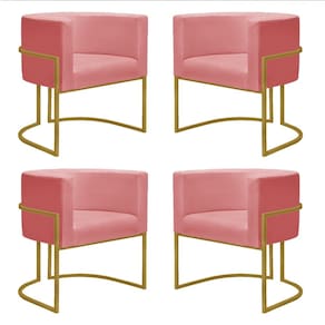 Kit 4 Poltronas Reforçadas Decorativa Sala Nayara Base Ferro Dourado Suede Rose