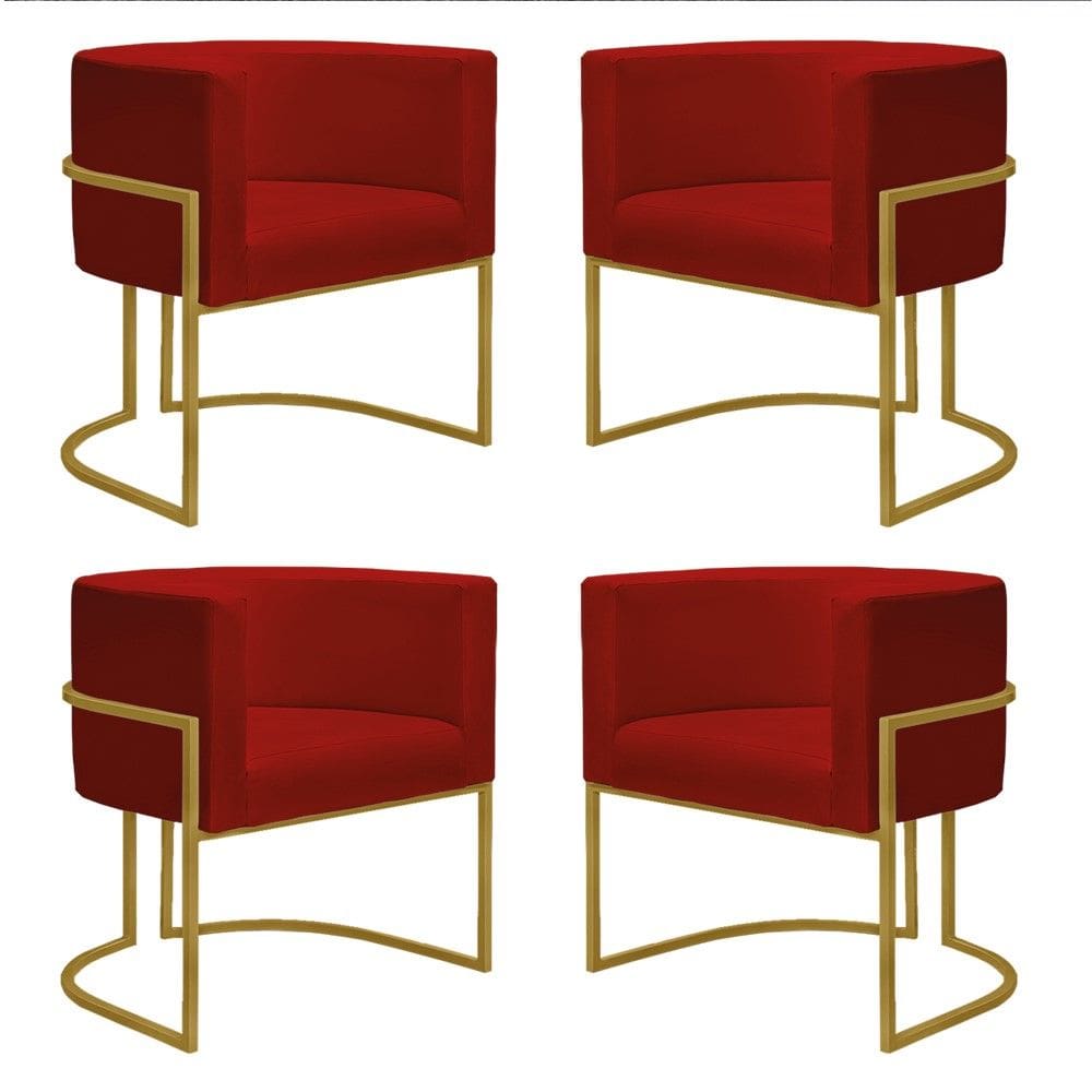 Kit 4 Poltronas Reforçadas Decorativa Sala Nayara Base Ferro Dourado Suede Marsala