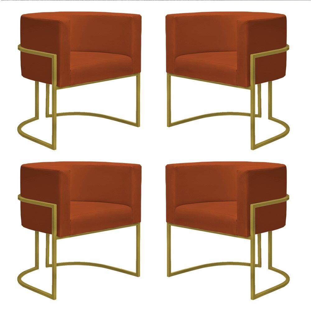 Kit 4 Poltronas Reforçadas Decorativa Sala Nayara Base Ferro Dourado Suede Terracota