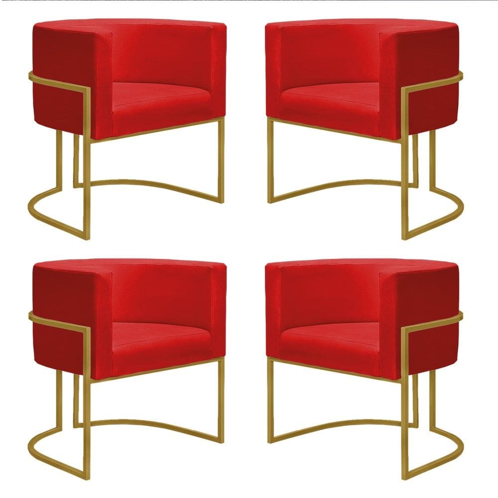 Kit 4 Poltronas Reforçadas Decorativa Sala Nayara Base Ferro Dourado Suede Vermelho