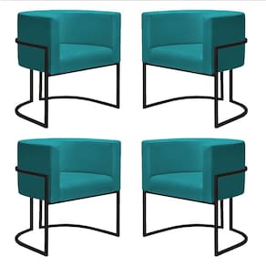 Kit 4 Poltronas Reforçadas Decorativa Sala Nayara Base Ferro Preto Suede Azul Tifany