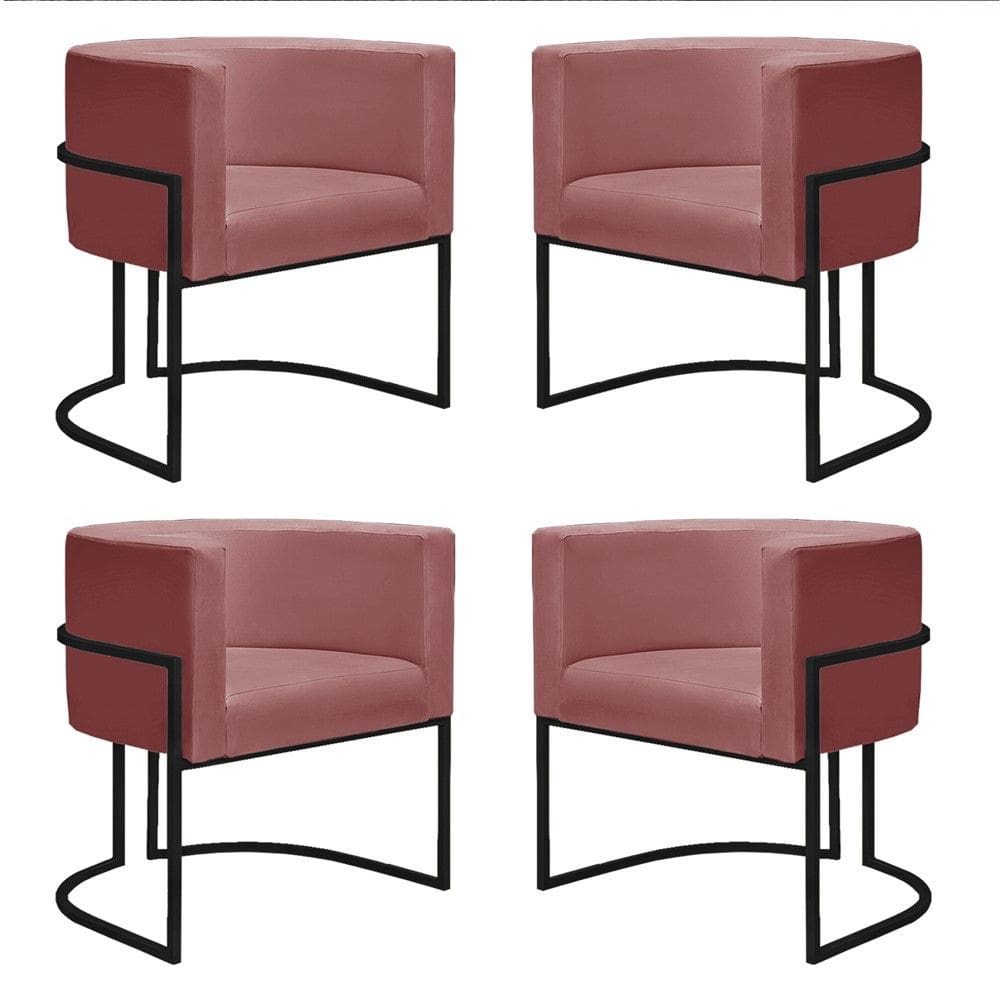 Kit 4 Poltronas Reforçadas Decorativa Sala Nayara Base Ferro Preto Suede Rose