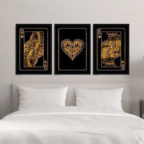Kit 3 Quadros Rei Rainha Copas Preto Dourado
