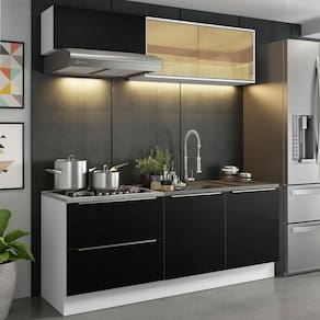 Cozinha Completa com Armário 5 Portas 2 Gavetas Branco Preto