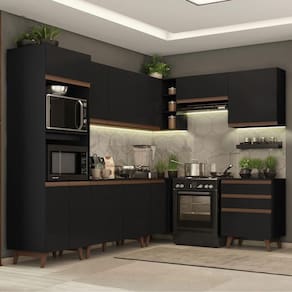 Cozinha Completa de Canto com Armário e Balcão Preto