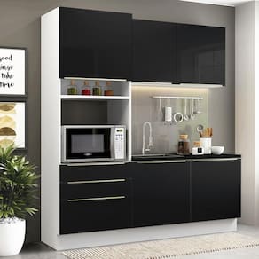 Cozinha Compacta com Armário 5 Portas 3 Gavetas Branco Preto
