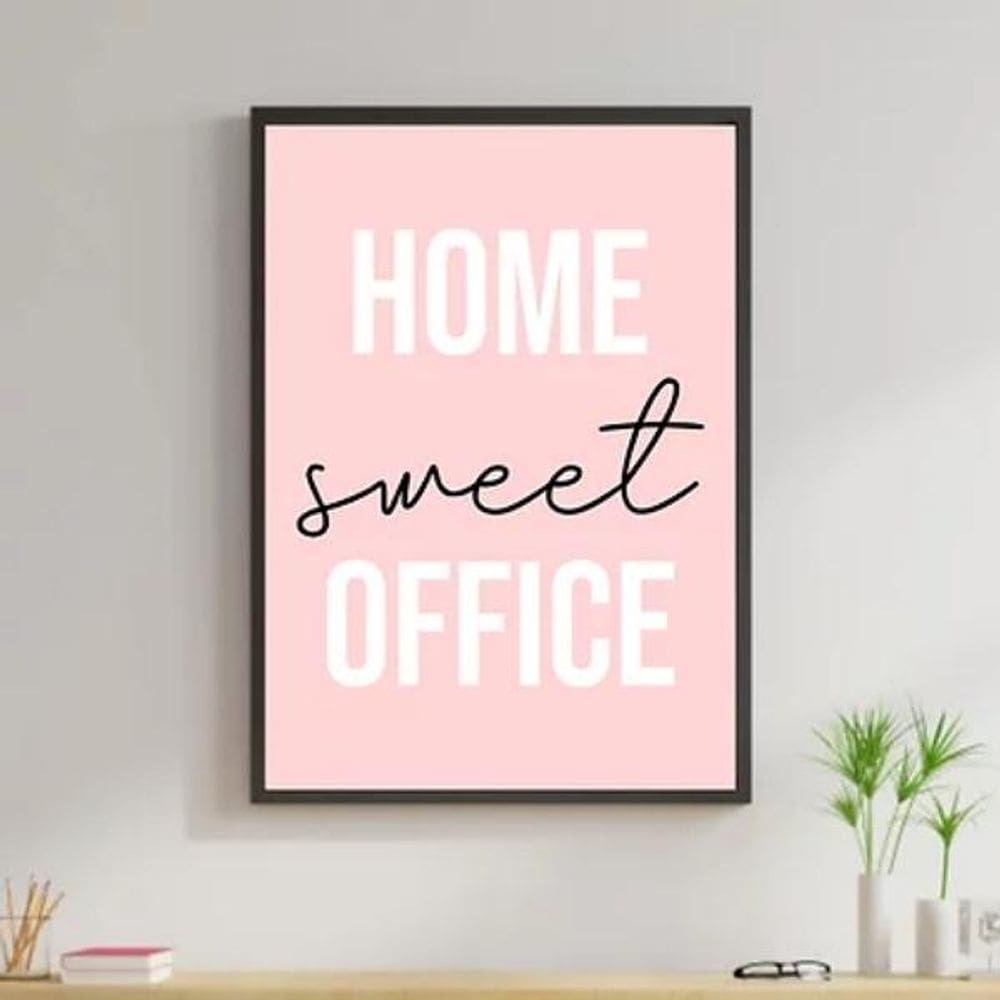 Quadro Home Sweet Office Rosa 33X24 Com Vidro Madeira Preta
