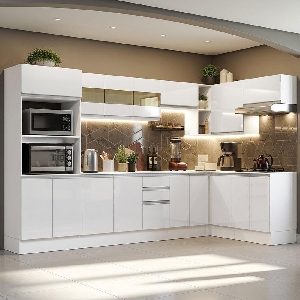 Cozinha Completa 100% MDF Madesa Smart Modulada De Canto Frentes Branco Brilho