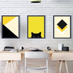 Kit 3 Quadro Geométrico Gato Preto/Amarelo 45X34 Vidro Preta