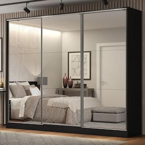 Guarda Roupa Casal 100% MDF Madesa Royale 3 Portas De Correr De Espelho Preto
