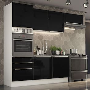 Cozinha Lux com Armário e Balcão 6 Portas Branco Preto