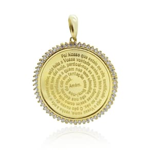 Pingente Oração Do Pai Nosso 3Cm Com Zircônia Em Ouro 18K