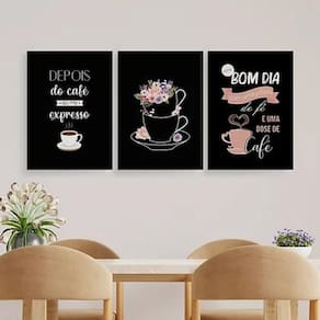 Kit 3 Quadros Bom Dia Com Fé E Café 24X18Cm Madeira Preta