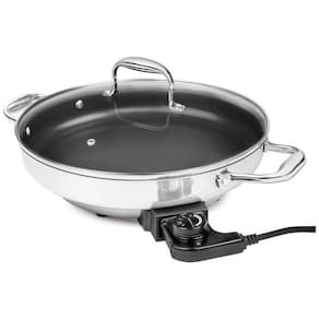 Frango na Frigideira Elétrica CucinaPro 1810 em Aço Inox, Panela de Fritura Antiaderente, Tampa de Vidro Temperado, 12 Polegadas.