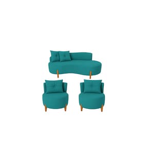 Conjunto 2 Poltronas + Sofá Curvo Orgânico Veludo Azul Turquesa - Montanaris Decor