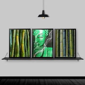 Kit 3 Quadros Feng Shui Buda Bambu 24X18Cm Moldura Preta