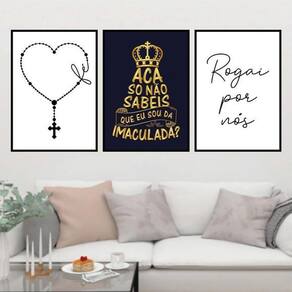 Kit 3 Quadros Religiosos Terço Imaculada 33X24 C/Vidro Preta