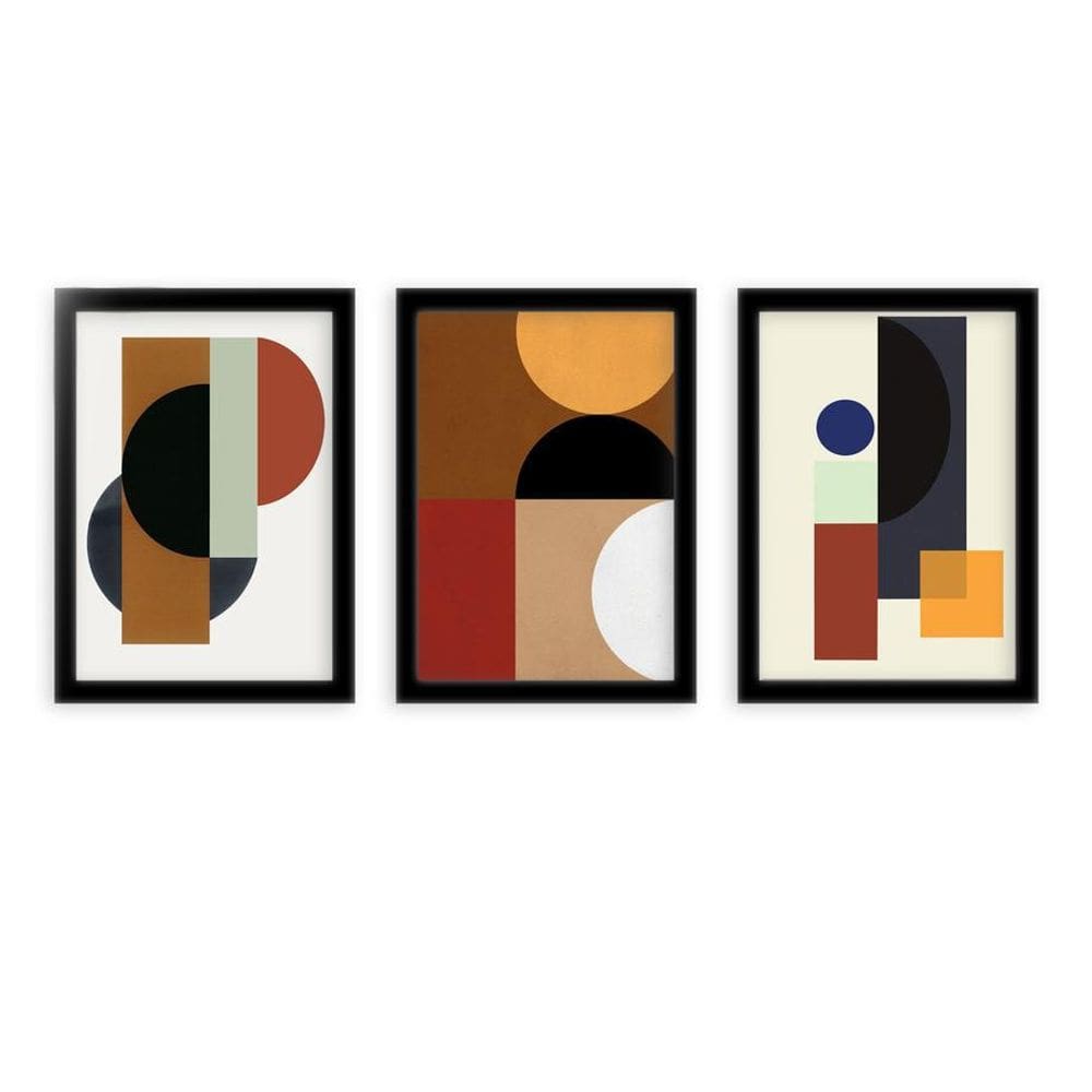 Kit 3 Quadros Decorativos Com Moldura Preta Abstrato Geo