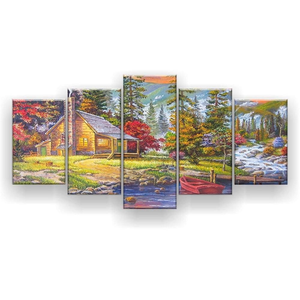 Quadro Decorativo Mosaico 5 Peças Pintura Pôr Do Sol No Lago