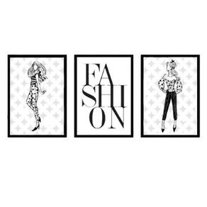 Kit 3 Quadros Moda Feminina Fashion 24X18Cm - Madeira Preta