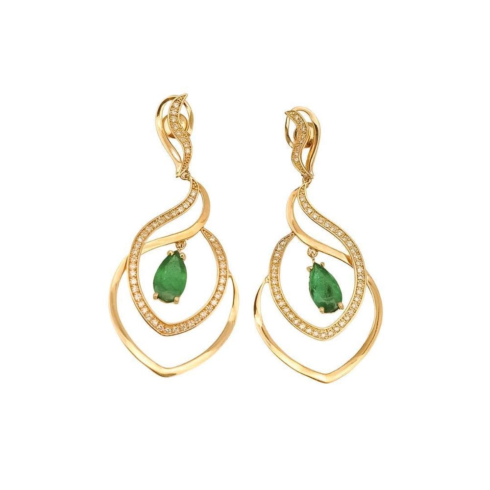 Brinco Gota Esmeralda Com 98 Diamantes Em Ouro 18K