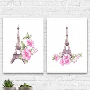 Kit 2 Quadros Torre Eiffel Floral 45X34Cm Moldura Branca