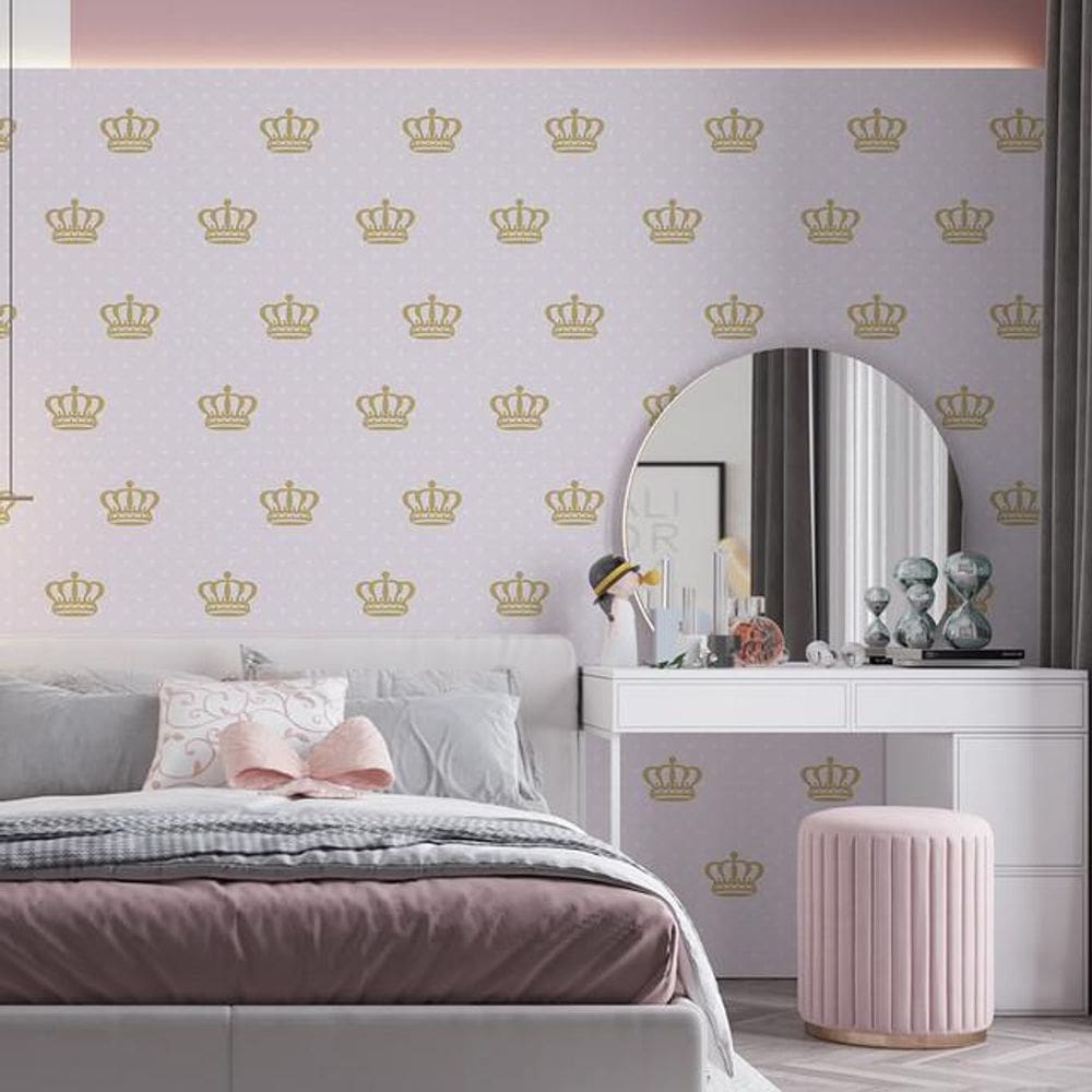 Papel De Parede Adesivo Baby Rosa Coroa Dourada - 3,0M