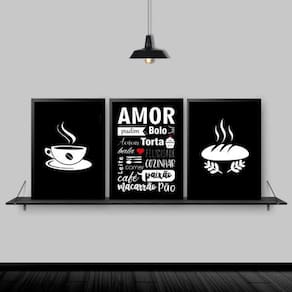 Kit 3 Quadros Cozinha Amor Nomes De Comida 24X18Cm - Preta