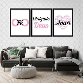 Kit 3 Quadros Fé, Obrigado Deus, Amor Rosa 45X34Cm Preta