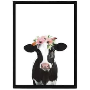 Quadro Decorativo Vaca Flores Com Vidro 24X18Cm